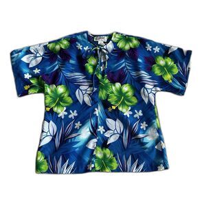 Pomare Hawaii Shirt Womens Medium Aloha Blue Green Purple Floral Beach Summer
